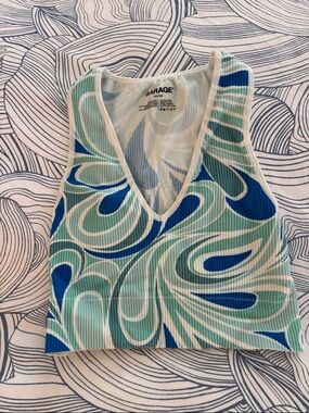 Garage Blue, Mint & White Swirl V-Neck Crop Tank